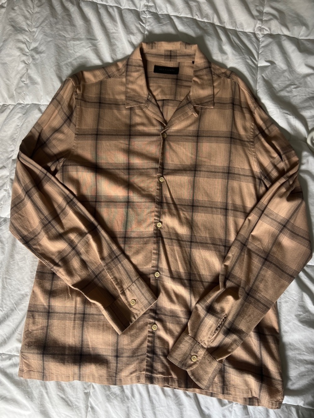 All Saints Tan and Dark Brown Plaid Shirt